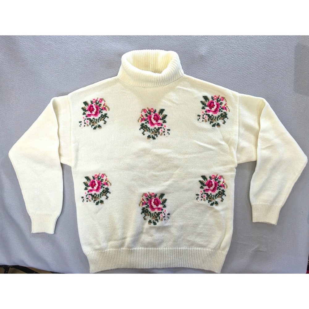 Vintage Cottagecore Floral Hand Embroidered Turtleneck Sweater L Cream Rose Chic